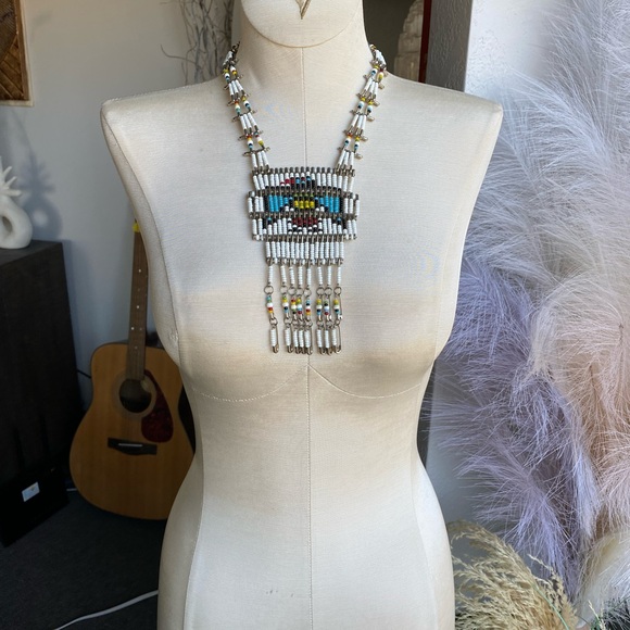 Vintage 70s Native American Thunderbird Beaded Necklace fringe festival boho - Picture 6 of 10